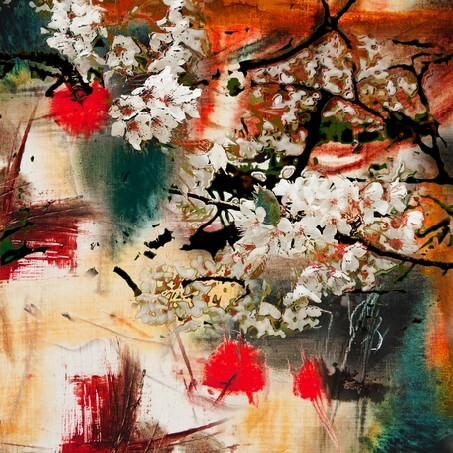 Spring motif, abstract background oil painting and mixed media